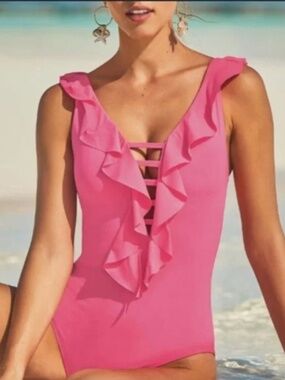 Lilly Pulitzer Carmen Strappy Ruffle One-Piece Swimsuit Coral Pink Size 12